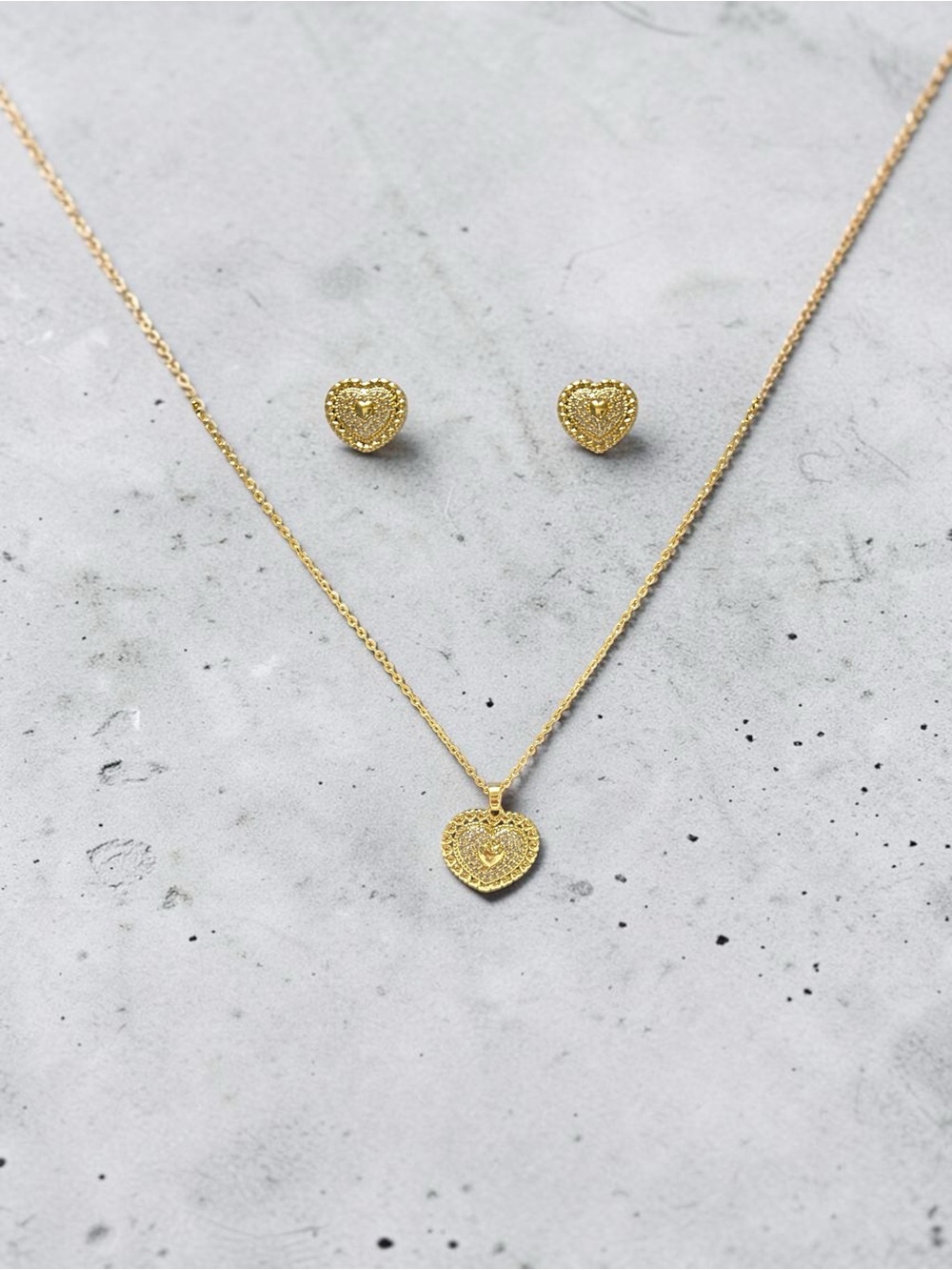 Gold Heart Pendant Necklace and Stud Earring Set